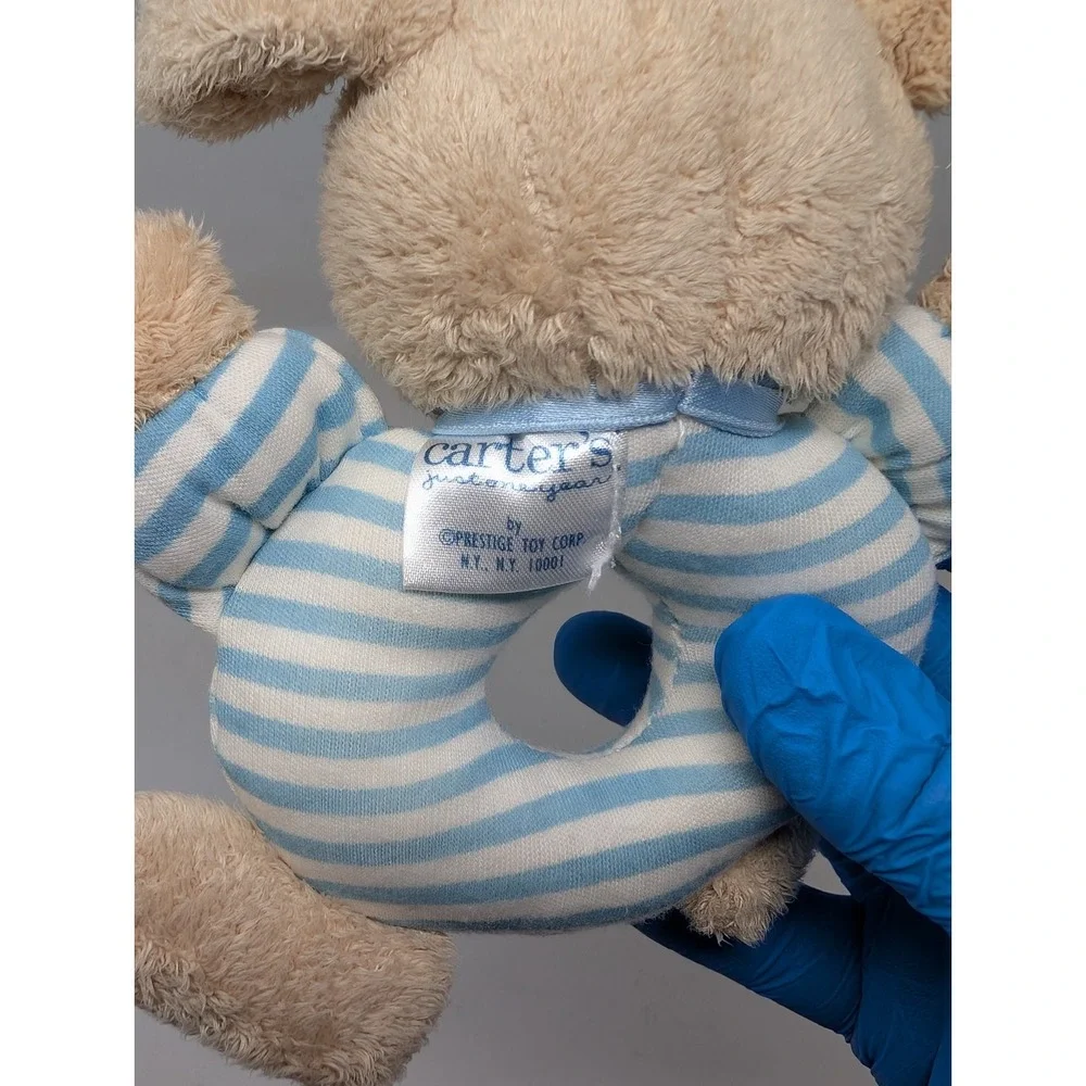 Carters Just One Year Baby Rattle Plush Puppy‎ Dog Blue Stripe Ring Prestige Toy